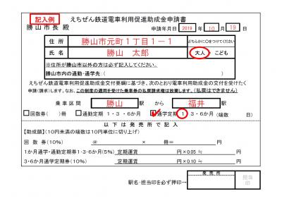 えちぜん鉄道電車利用促進助成金申請書記入例